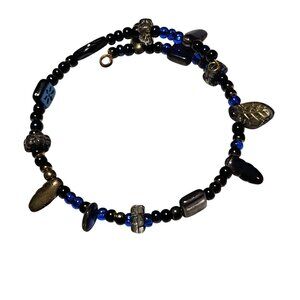 Handcrafted Beaded Bracelet Leaf Charms Blue Accents Boho Fashion Jewelry Women